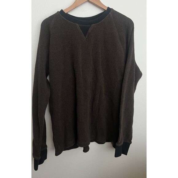 LL Bean Signature Shirt Men XL 2 Tone Brown Waffle Thermal Crew Cotton Thick - Picture 1 of 9